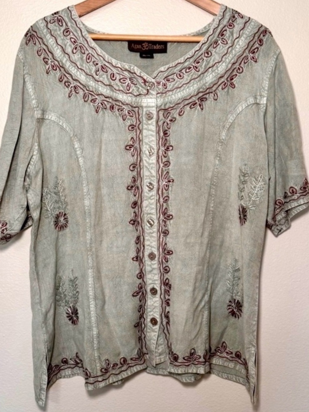 Agan Traders Embroidered Boho Top XL Sage Green Tie Back Button Down